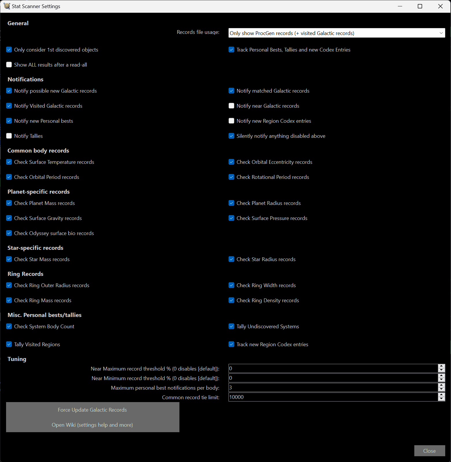 Settings for Stat Scanner